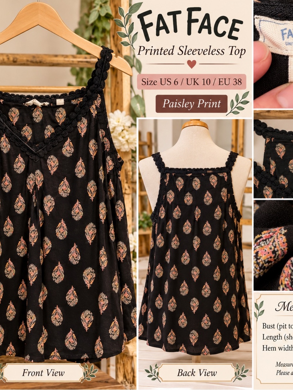 Fat Face Black Paisley-Print Sleeveless Camisole